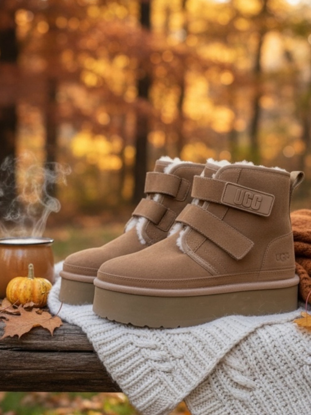 UGG Neumel Platform Boot Chestnut Double Strap Suede Fur Lined Winter Boots